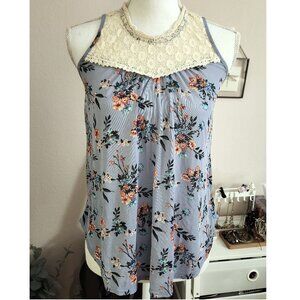 Very Light Semi-Sheer Crochet Collar Floral Top Light Blue